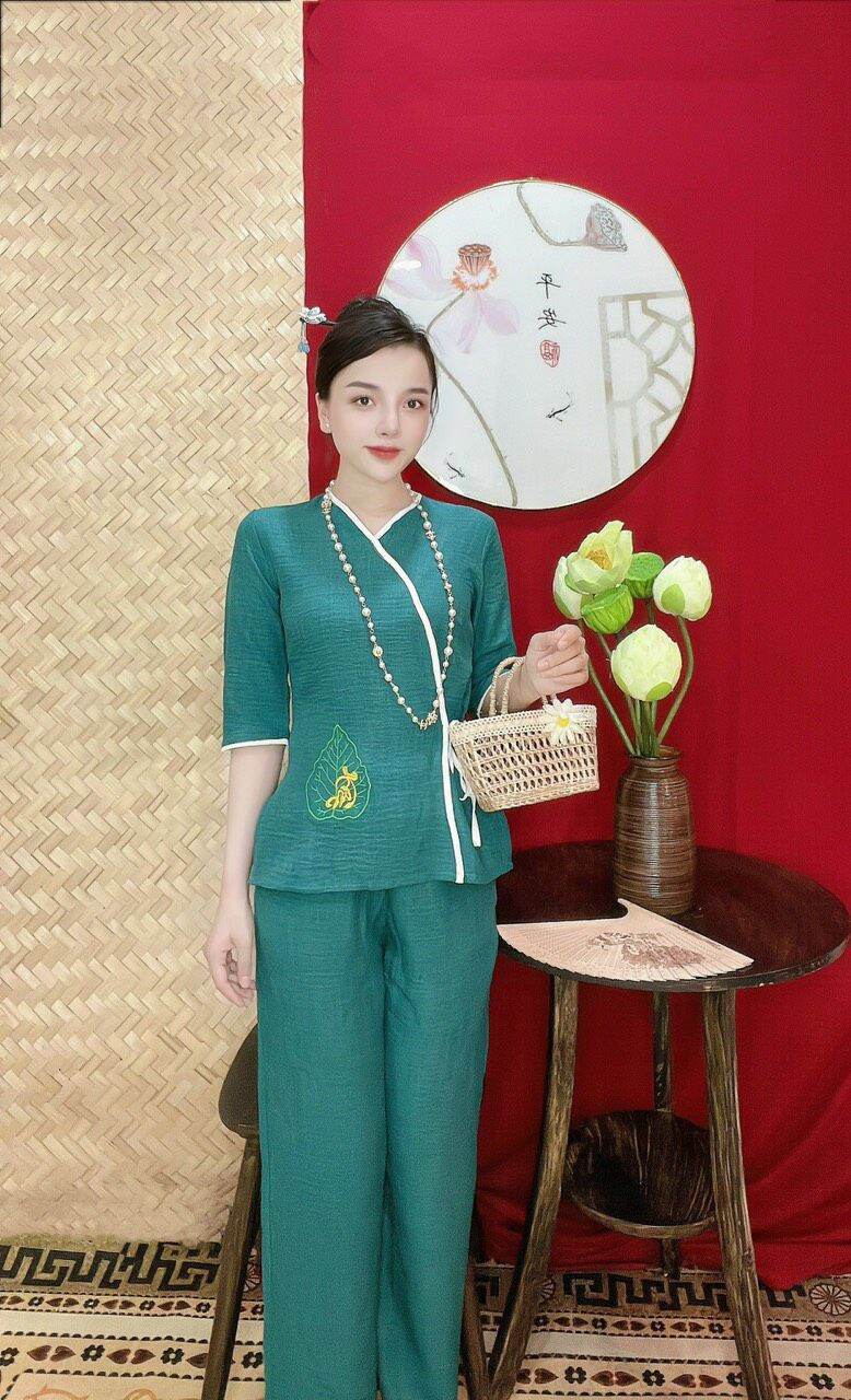 Đồ lam đi chùa- mẫu bồ đề tâm đũi vân mây