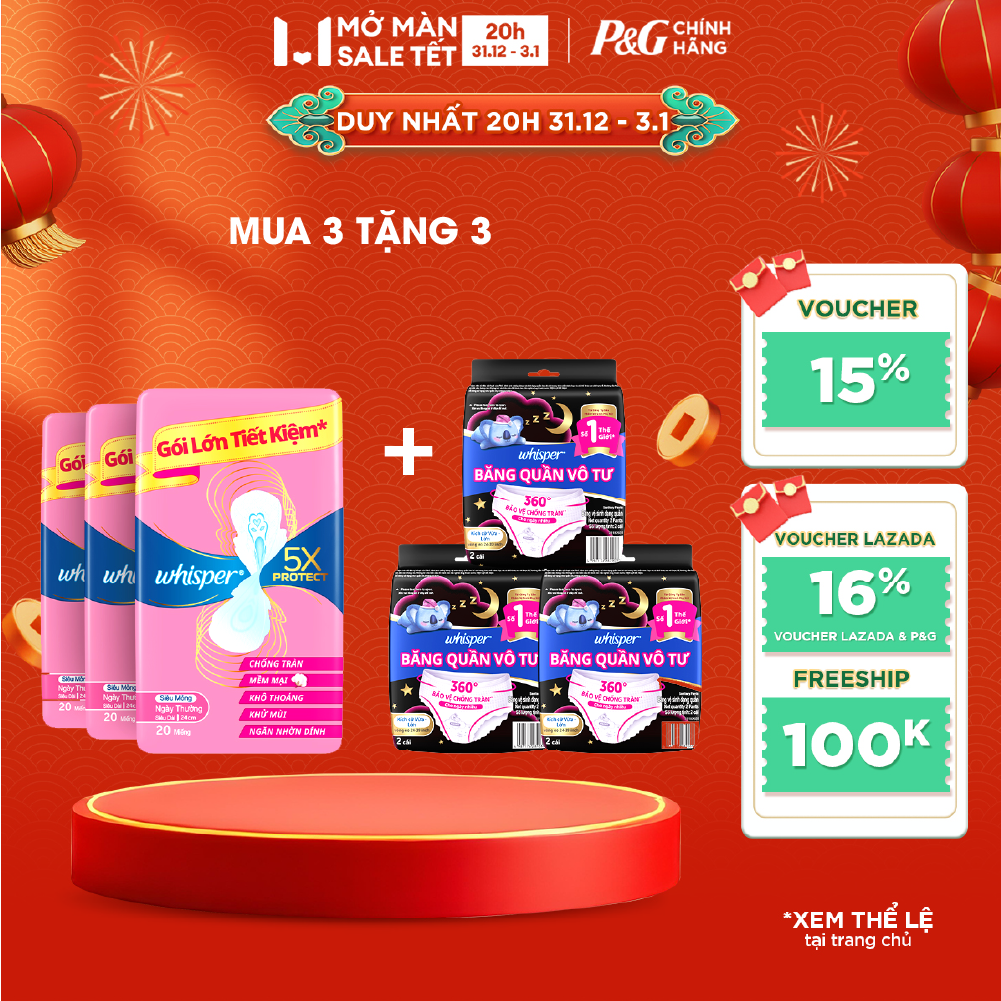   Combo ngày đêm  Mua 3 gói Whisper 5X 20 miếng 24cm ban ngày tặng 3 Băng quần Whisper Koala 