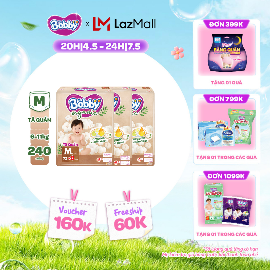 [CHỈ 20h 04-07.05 QT Đơn 899K/1199K][COMBO 3] [TẶNG KÈM 8 MIẾNG] Tã quần cao cấp Bobby Organic chăm sóc dịu nhẹ từ thiên nhiên M72