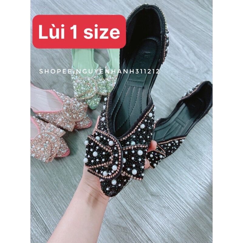Giày bệt búp bê mũi nhọn đính đá lấp lánh