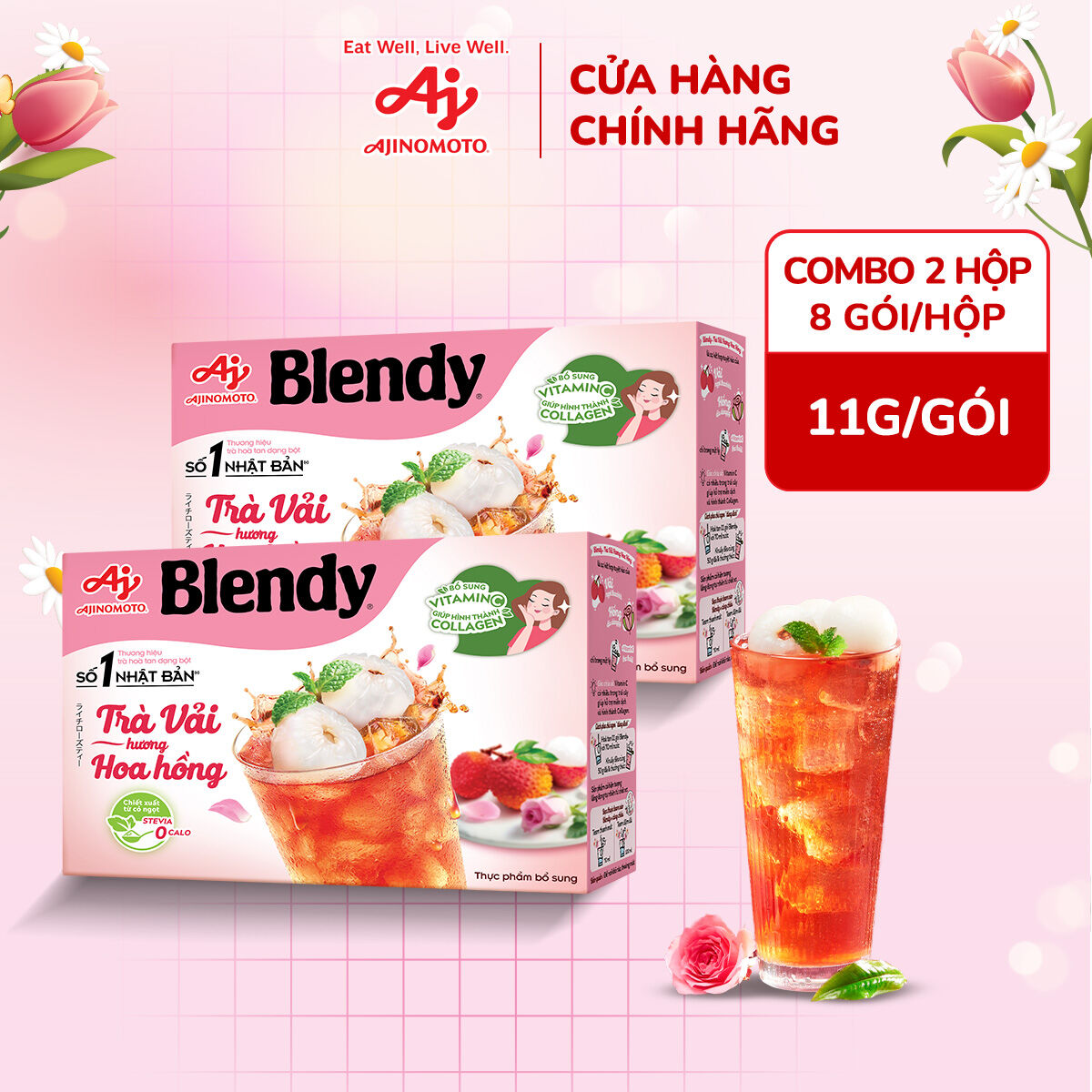 Combo 2 Hộp Trà Vải Hương Hoa Hồng Blendy® 11g/Gói (1 Hộp 8 Gói)