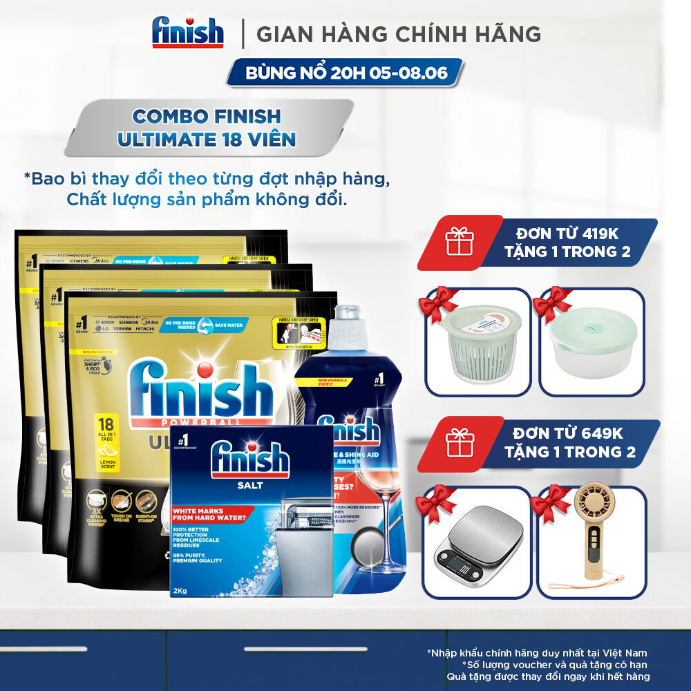Combo 3 Túi rửa chén Finish Ultimate 18 viên + Nước làm bóng 500ml + Muối rửa chén 2kg