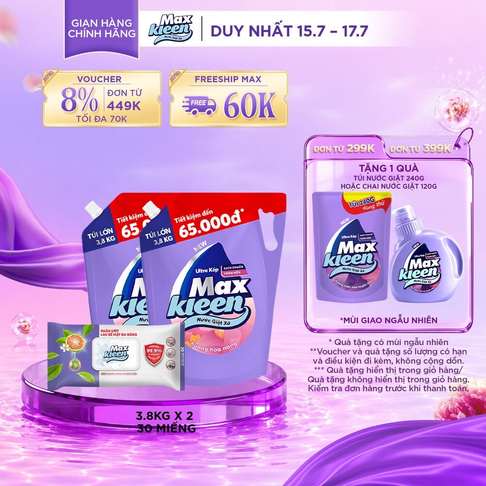 Combo 2 Túi Nước Giặt Xả MaxKleen hương Hoa Nắng (3.8kg/túi) + Lau Bề Mặt Đa Năng