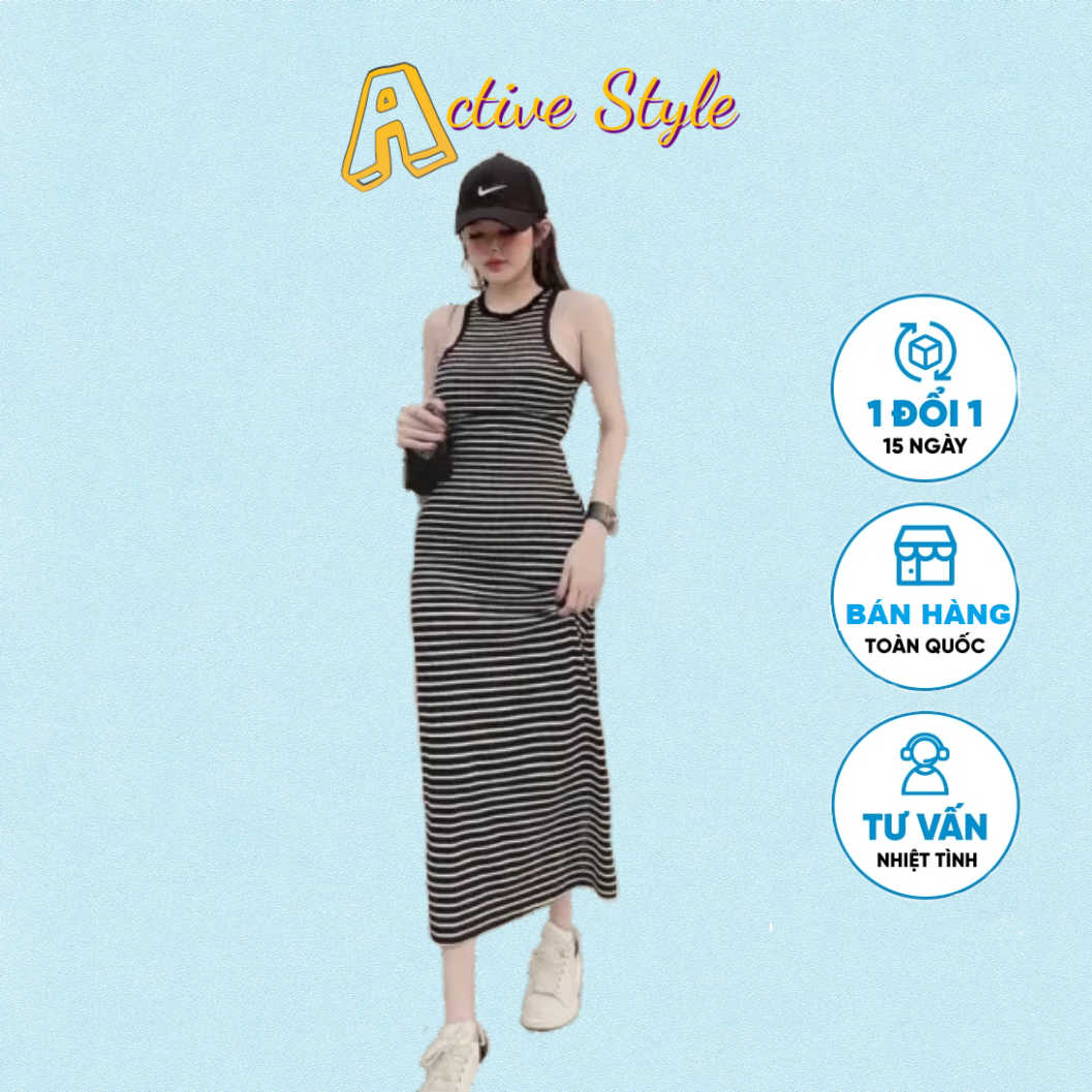 🅰️Đầm midi body ba lỗ sọc form dài, ôm sát cơ thể, thun gân co giãn, cổ tròn không tay viền trơn
