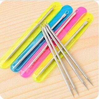 Cây que nặn mụn 2 đầu - que nặn mụn  inox (có bao đi kèm)
