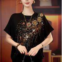QIAOXIZI | Áo Thun Nữ Cỡ Lớn Tay Ngắn Đính Kim Cương Tạo Hiệu Ứng Giảm Béo Phong Cách Trẻ Trung Dành Cho Phụ Nữ Trung Niên Áo Phông Thời Trang Mùa Hè