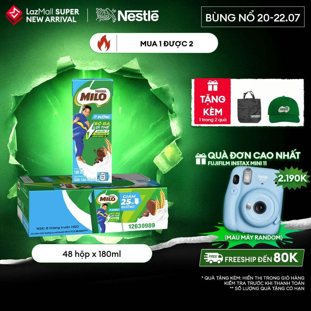 [ƯU ĐÃI THÁNG 7] [Giao hàng toàn quốc] Sữa lúa mạch Nestlé® MILO® ít đường thùng 48 hộp x 180ml (1x4x180ml)