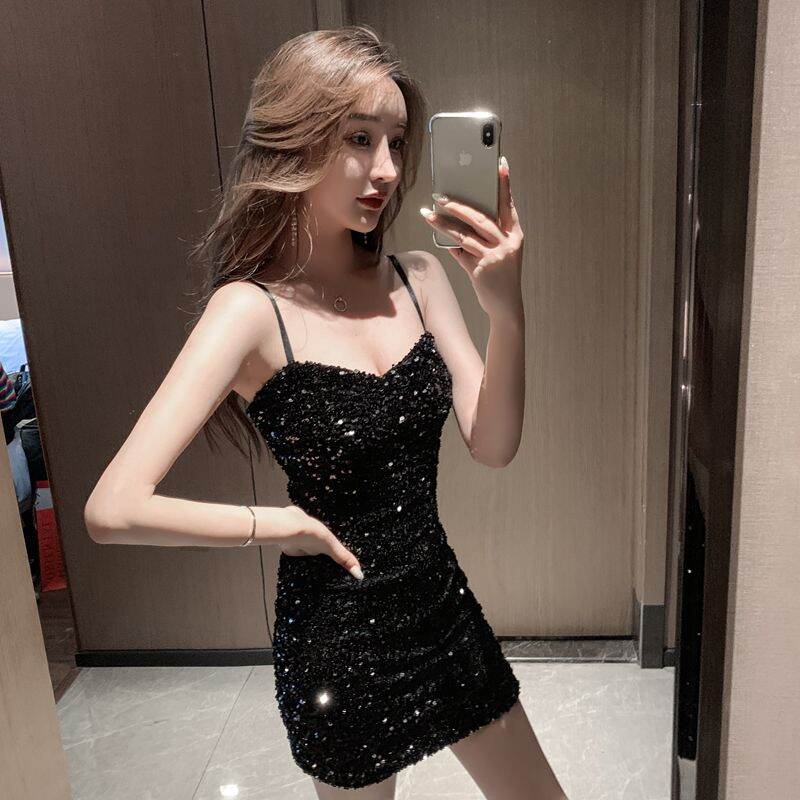 Váy Gợi Cảm Váy Hai Dây Đính Kim Sa Khí Chất Mẫu Mới Mùa Hè Xuân Thu 2023 Cho Nữ Váy Liền Màu Đen Bó Sát Ôm Mông