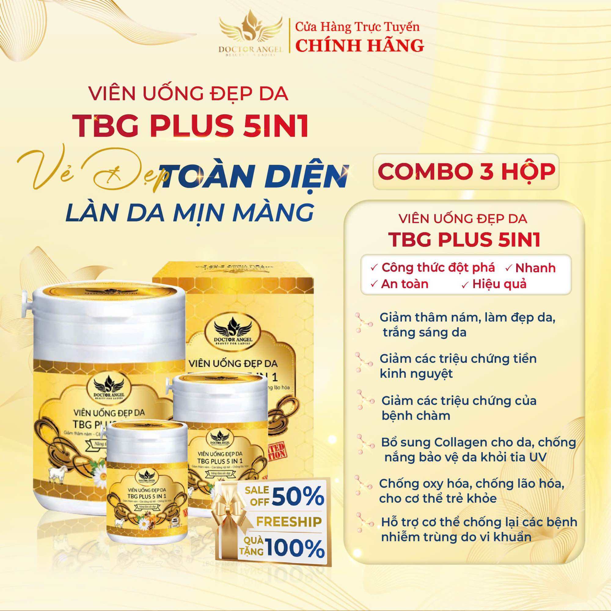 Viên Uống Tế Bào Gốc Hoa Thiên Plus 5in1 vàng Angel( combo 3 hộp sale sốc)