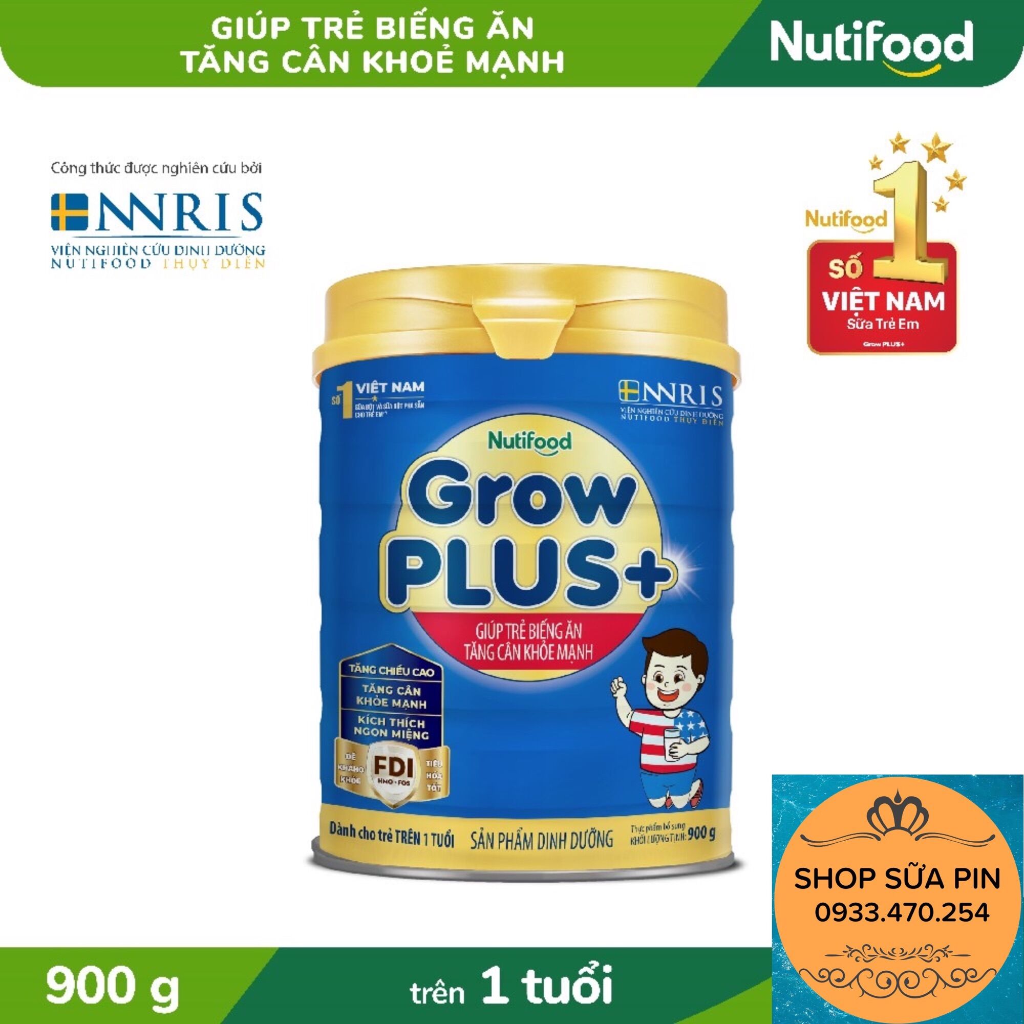 Sữa bột Nuti GrowPlus xanh Tăng cân lon 900g (cho trẻ 1 tuổi trở lên)