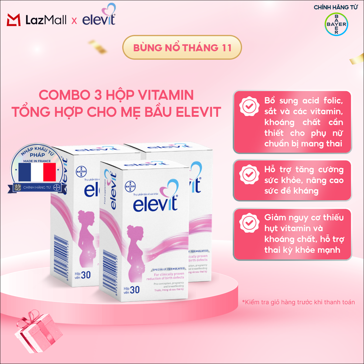 Bộ 3 Hộp Vitamin Bầu Tổng Hợp Elevit Cho Phụ Nữ Trước Trong và Sau Thai Kỳ (30 Viên/ Hộp)