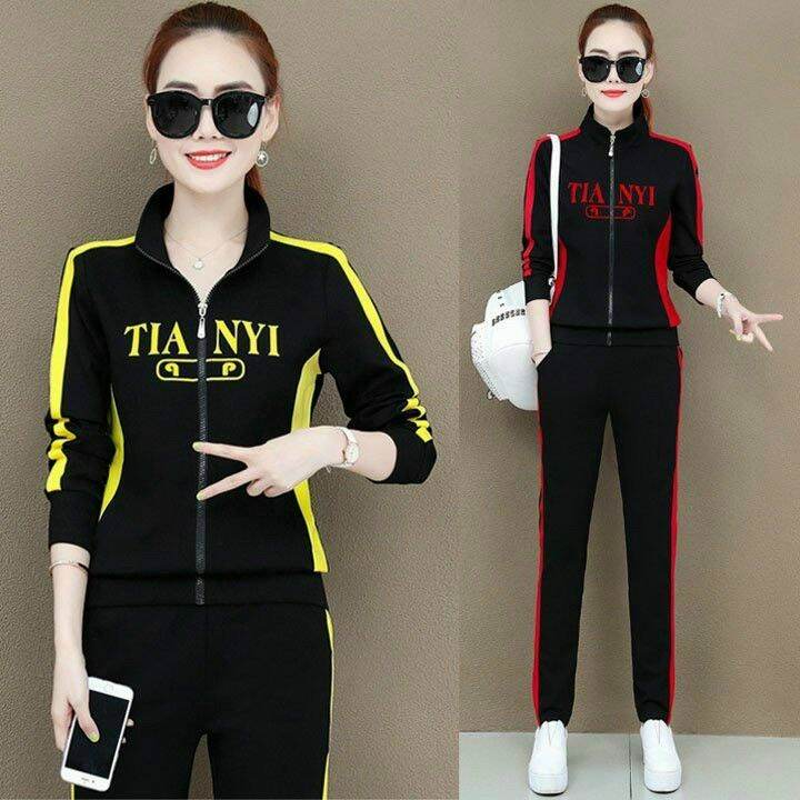 Bộ đồ thể thao nữ áo khoác phối màu thêu chữ cao cấp