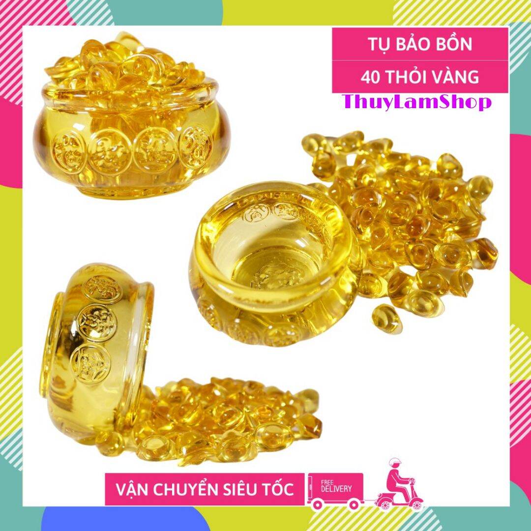 Hủ vàng bát tụ Bảo Bồn lưu ly + 40 thỏi vàng kim nguyên bảo 1.5cm kích tài lộc, tài lộc linh ứng hanh thông để bàn thờ thần tài, bàm làm việc, phòng khách