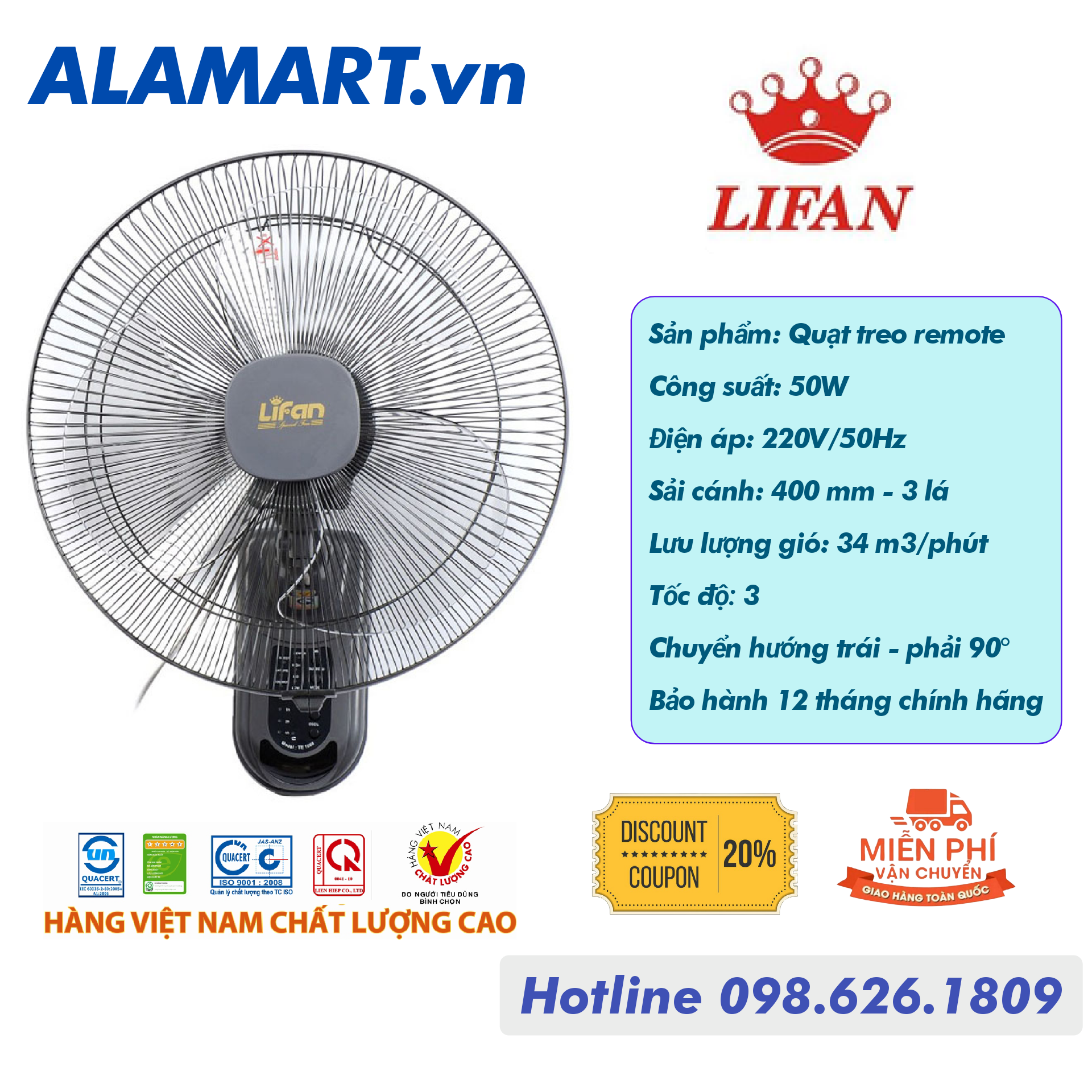 QUẠT TREO REMOTE LIFAN TE-1688