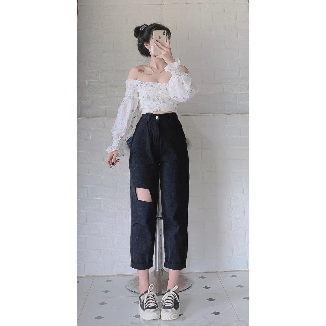 Baggy jeans lưng cao rách 1 ô