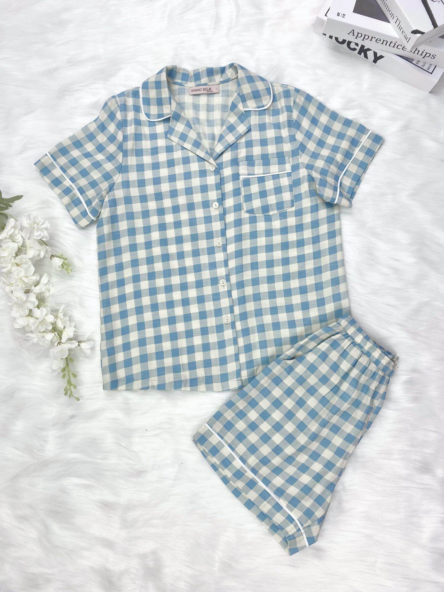 Bộ đồ nữ mặc nhà pijama quần đùi NGOCSILK cộc tay họa tiết kẻ caro xinh xắn X210