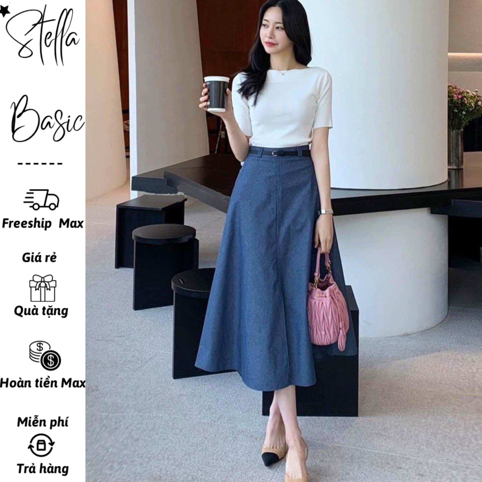 Set đồ nữ sang chảnh thanh lịch chân váy jean mix áo thun trắng co giãn kèm belt, set bộ đi chơi set đồ công sở nữ