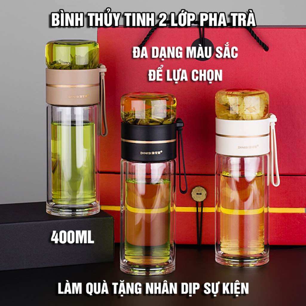 Bình Thủy Tinh 2 Lớp Pha Trà Cách Nhiệt Có Lõi Lọc Inox 304, Dung Tích 400ml