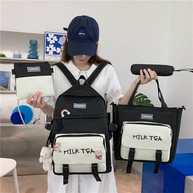 Balo 4 món thời trang sinh viên học sinh laptop giá rẻ balo cấp 1 2 3 cute nữ - Milk Tea