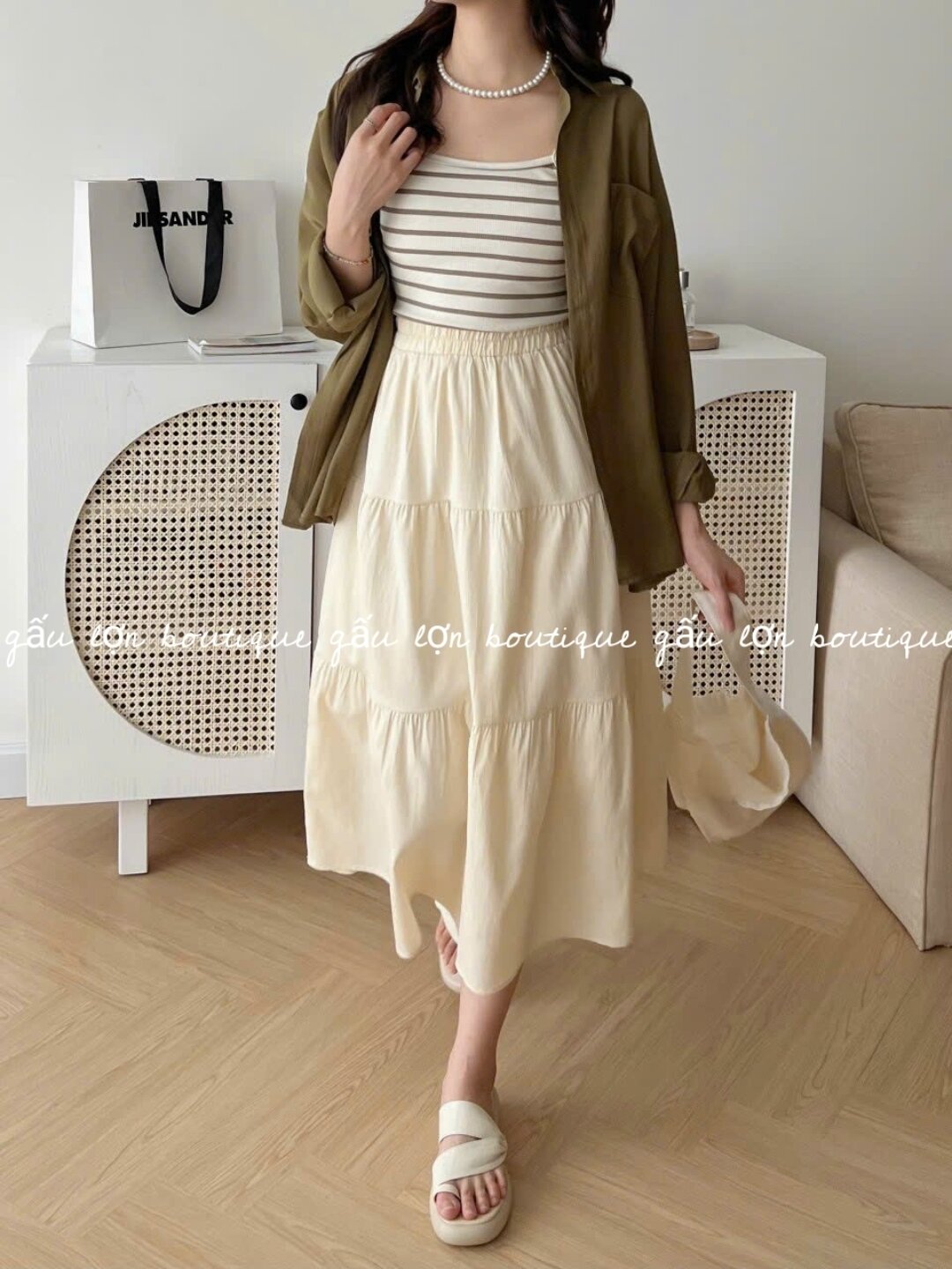 chân váy midi 3 tầng chất thô 2lớp hàn quốc