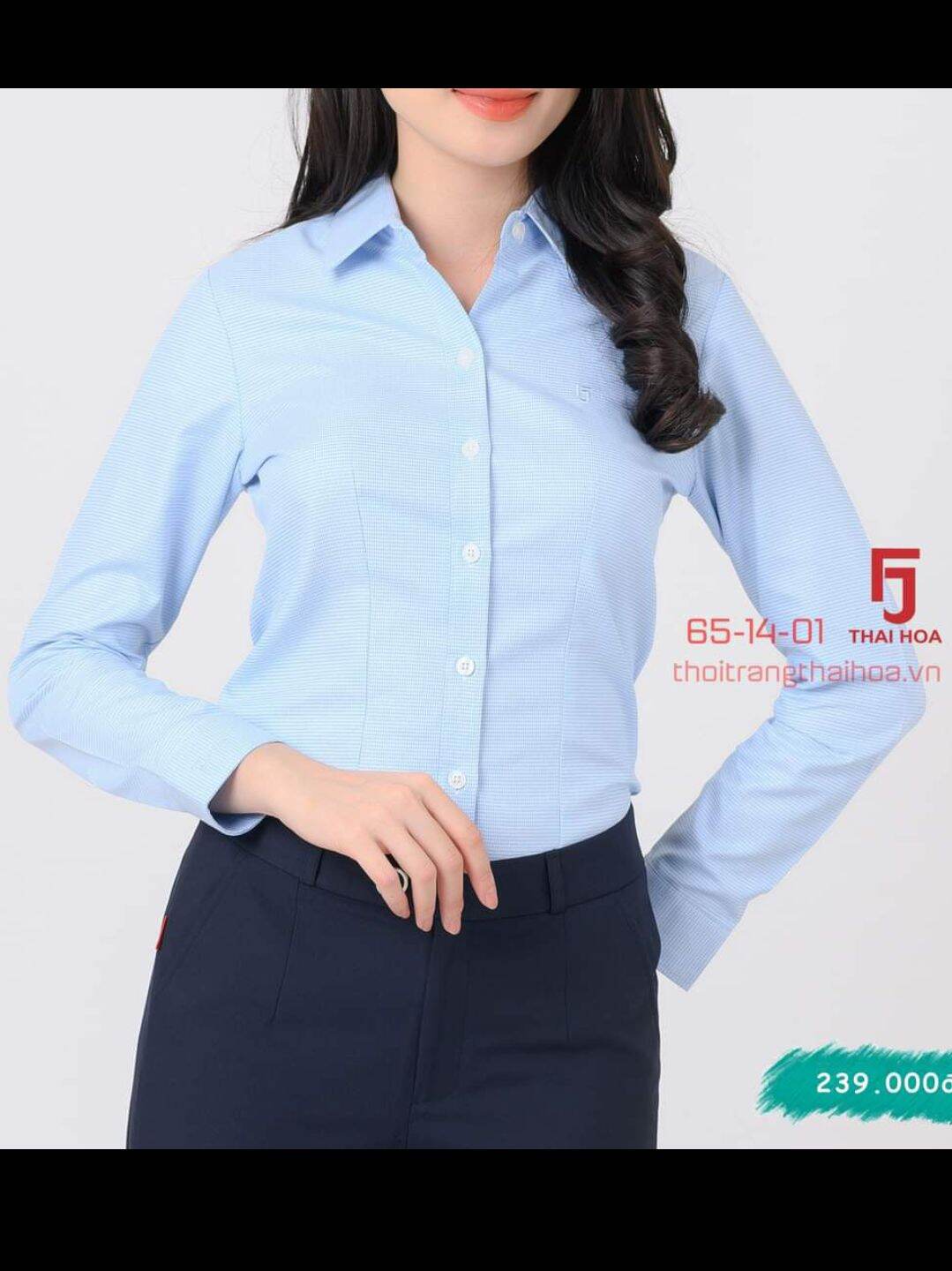 áo sơ mi nữ Thái Hòa sọc caro xanh dương nhạt