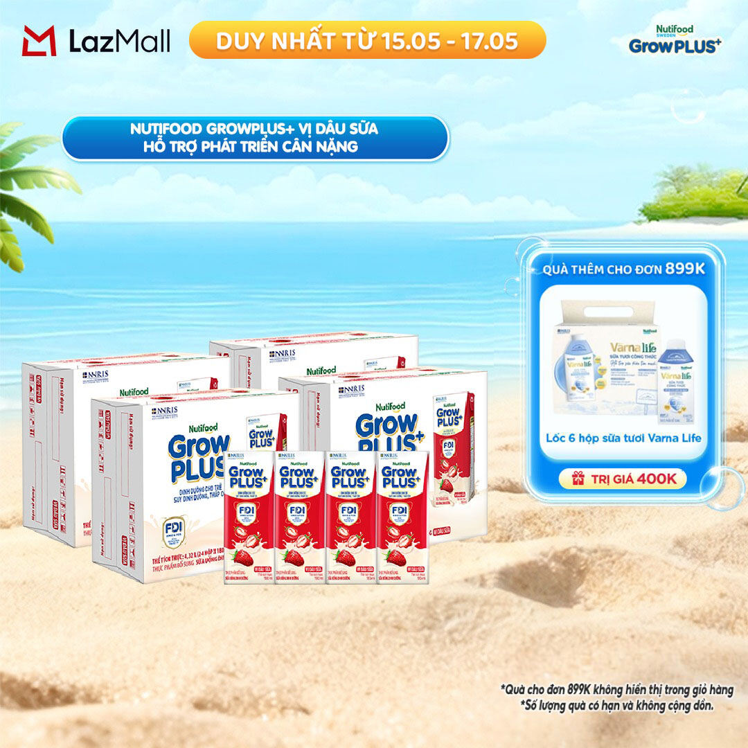 Combo 4 Thùng 24 hộp Sữa bột pha sẵn Nutifood GrowPLUS+ Vị Dâu Sữa hộp 180ml - Hỗ trợ phát triển cân nặng