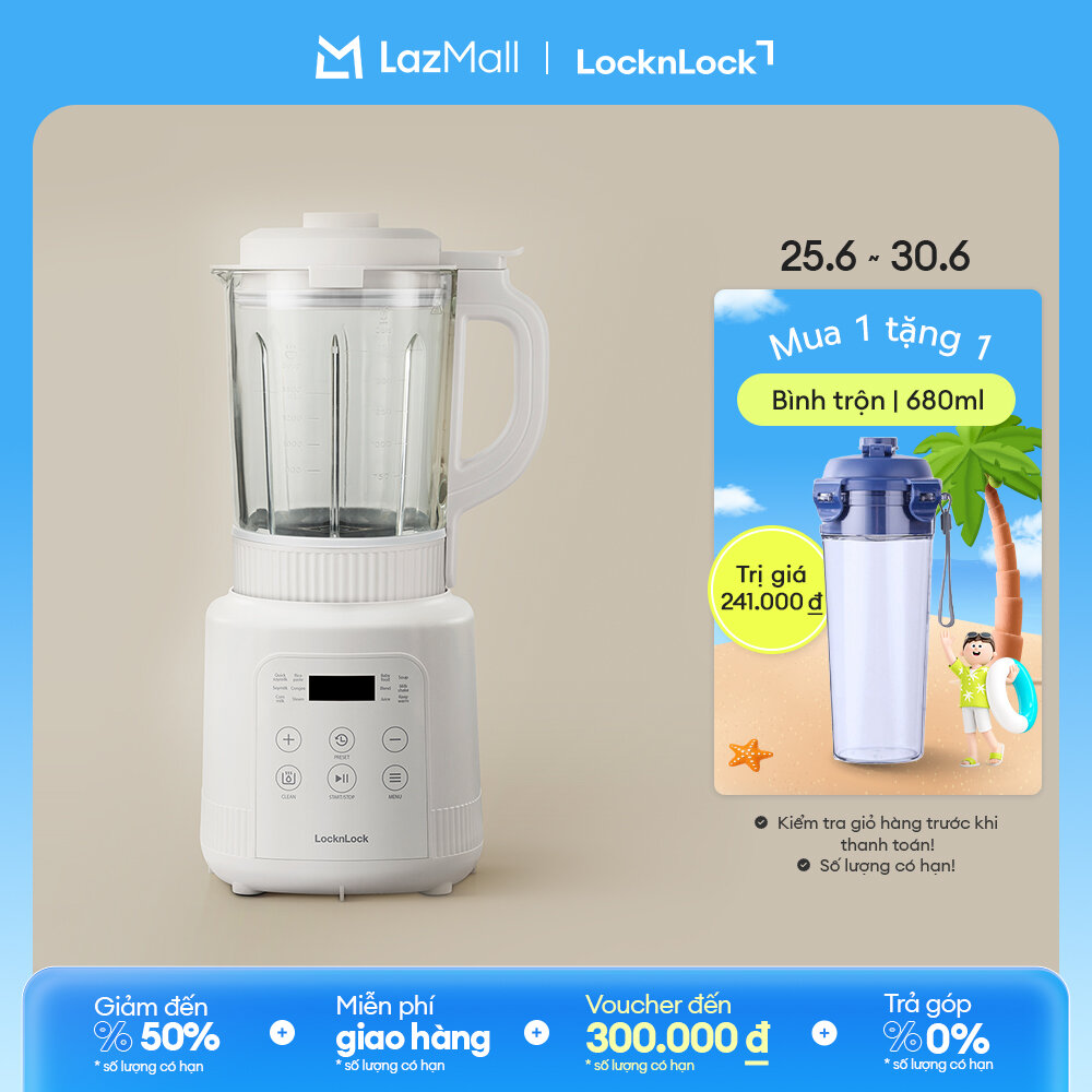 Máy làm sữa hạt đa năng LockLock Bianco heating blender 1.75L Màu ngà EJM486IVY dao 3 lớp, 5 chế độ nấu, hẹn giờ 24h