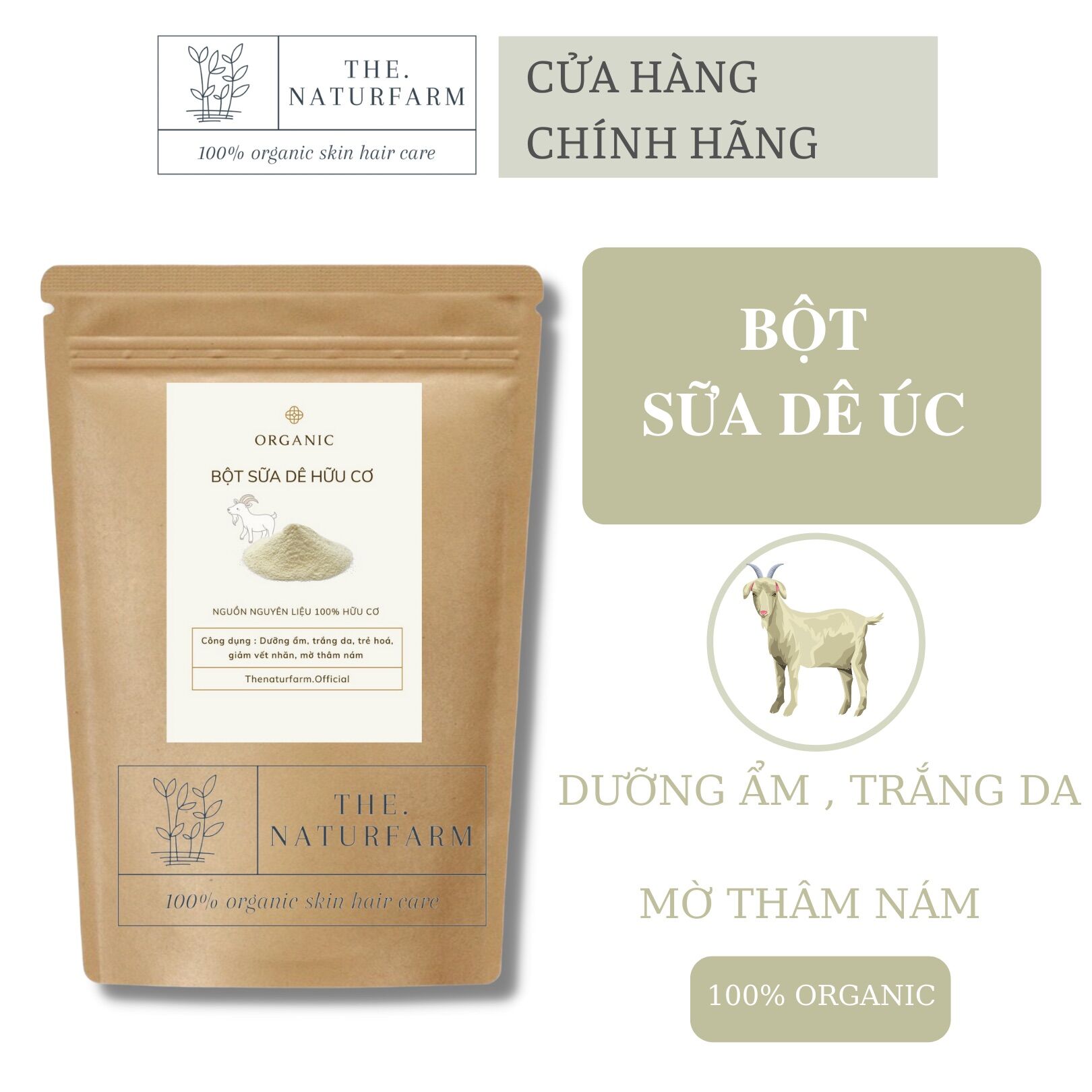 Bột sữa dê nguyên chất dưỡng da 100gr - dưỡng ẩm, trắng da, mờ thâm sạm