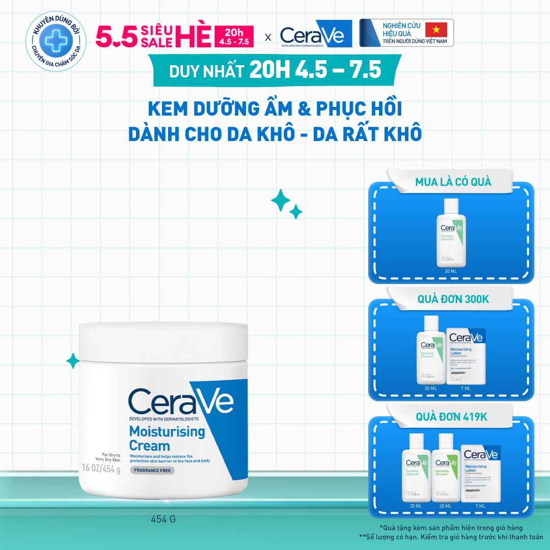 Kem dưỡng ẩm phục hồi sâu và ẩm mịn suốt 48H dành cho da khô, duy trì hàng rào bảo vệ da CERAVE MOISTURISING CREAM 454G