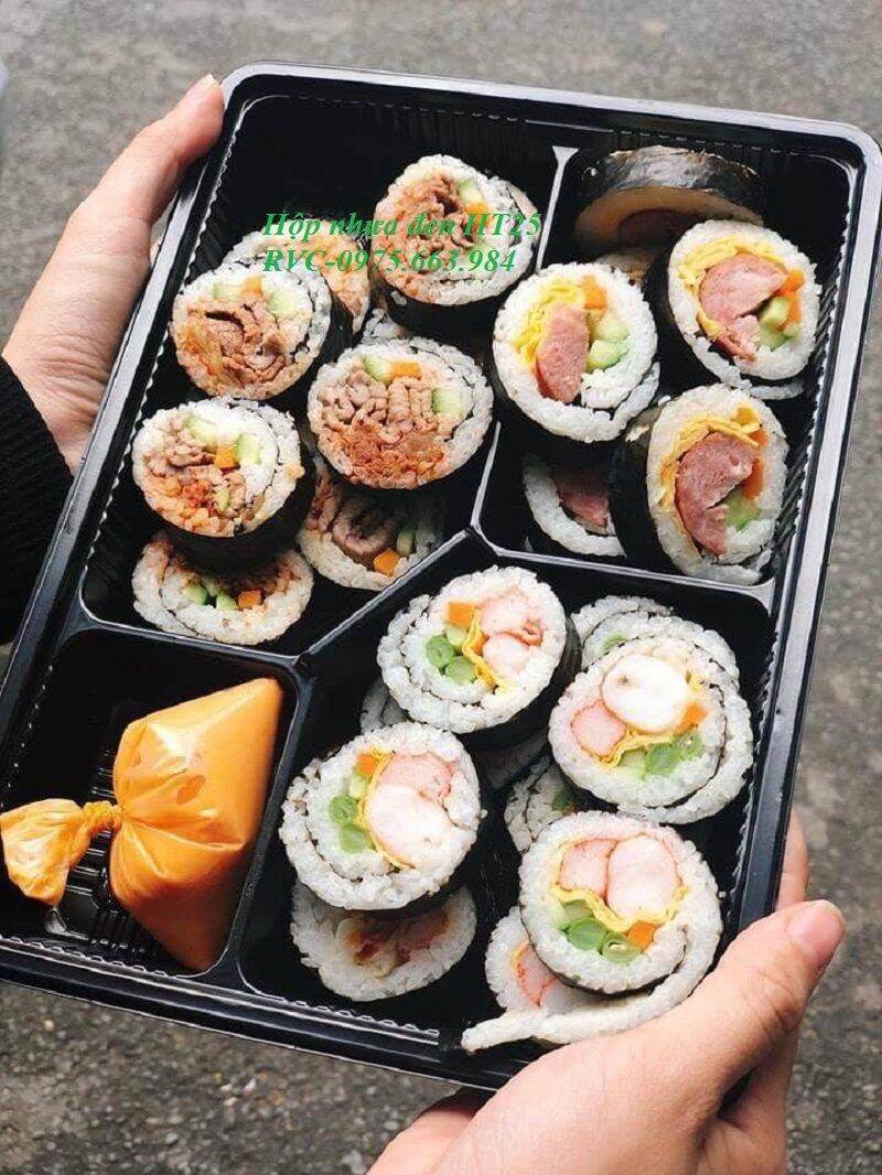 Bộ 50 hộp đế đen đựng cơm, sushi 4 ngăn+ NẮP. HT 25. Storage Lunch Boxes, takeout food containers, Food Storage Bento, For restaurants, family dinner, picnic