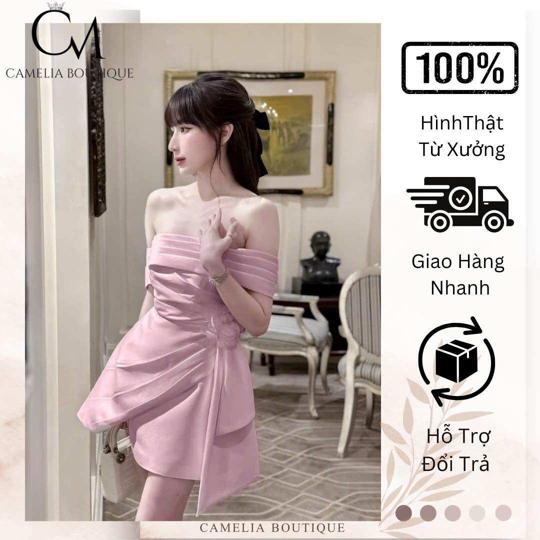CAMELIA BOUTIQUE- Đầm trễ vai xếp eo hoa KTCS200