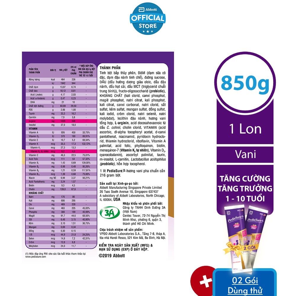 [Tặng 2 gói dùng thử] Sữa bột Pediasure 850g/lon