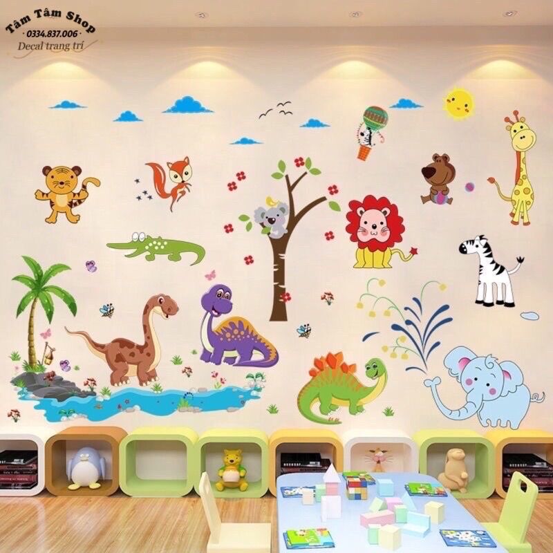 Combo 2 tranh decal dán tường cho bé khủng long và thú