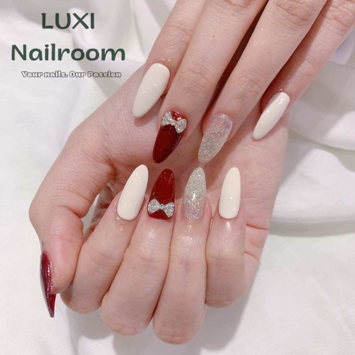 Nailbox - móng úp thiết kế mẫu sơn trơn đỏ trắng nhũ flash bạc charm nơ