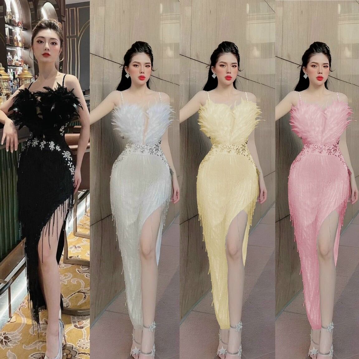 Đầm rua lông hai dây