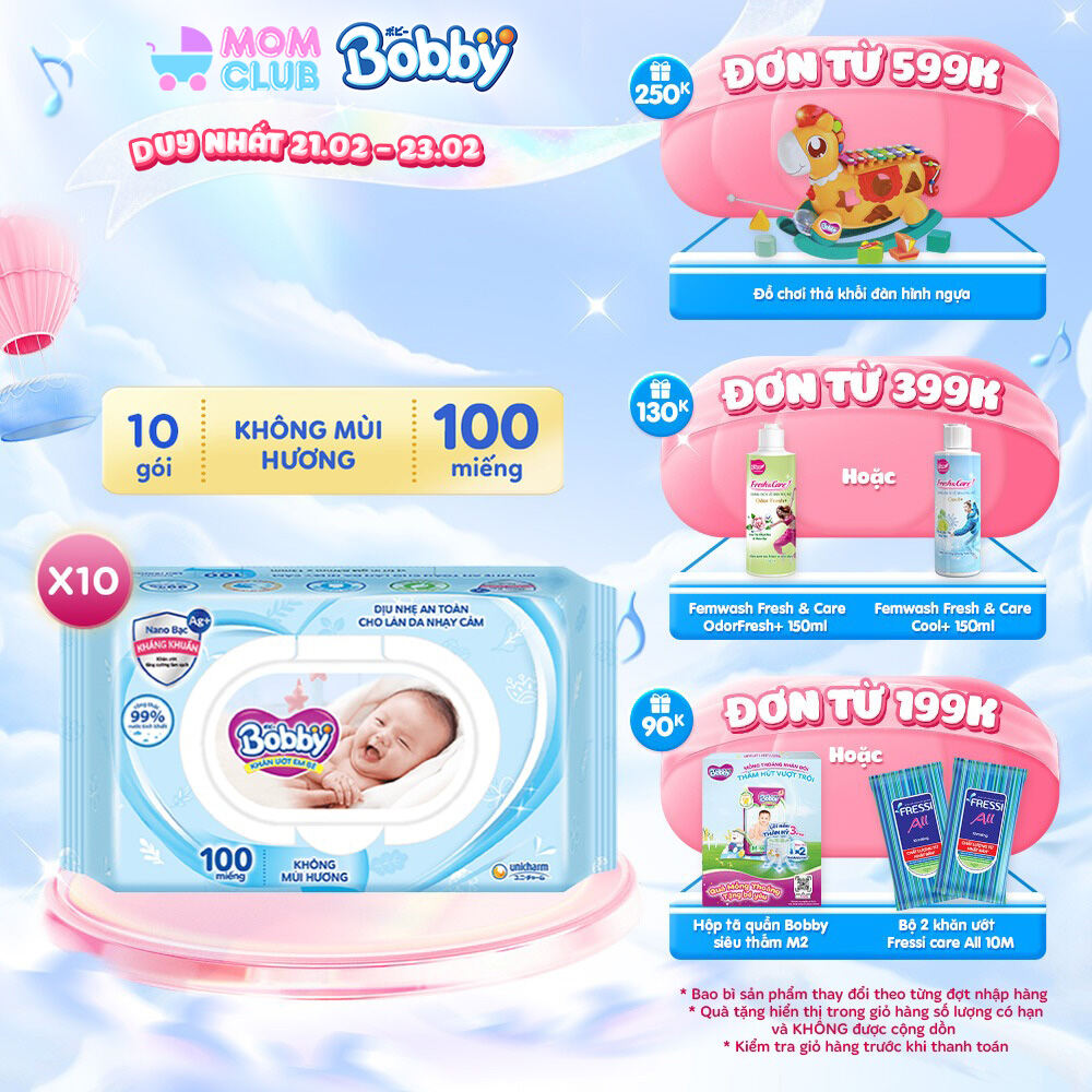 Combo 10 khăn ướt Bobby care không mùi 100 miếng