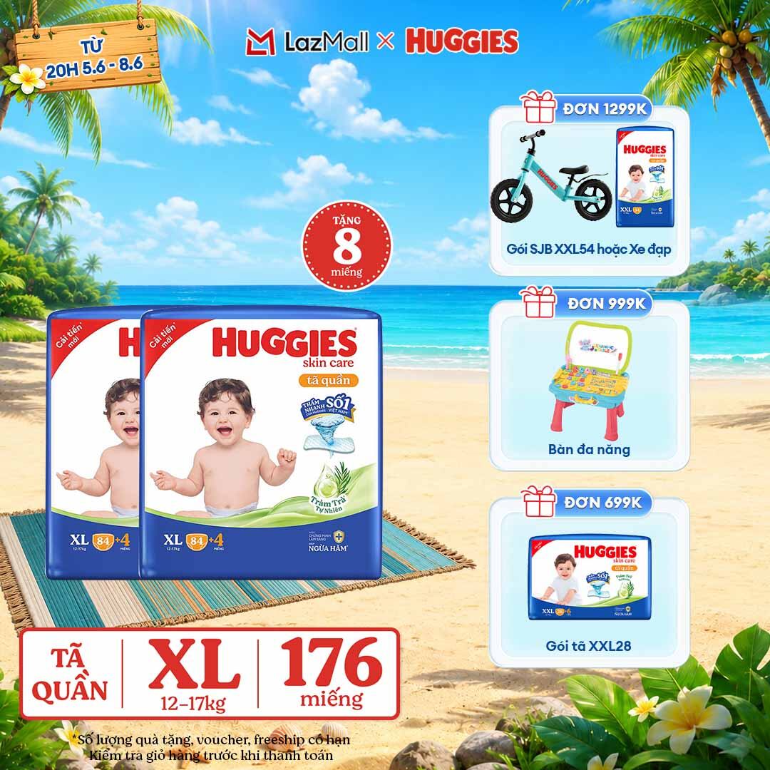 [CHỈ 9-10.6 GIẢM THÊM 90K]  Combo 2 Gói Tã/bỉm quần HUGGIES SKINCARE MEGA JUMBO size XL84+4 miếng