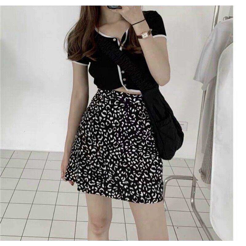SET ÁO CROP ĐEN VIỀN TRẮNG + CHÂN VÁY BEO