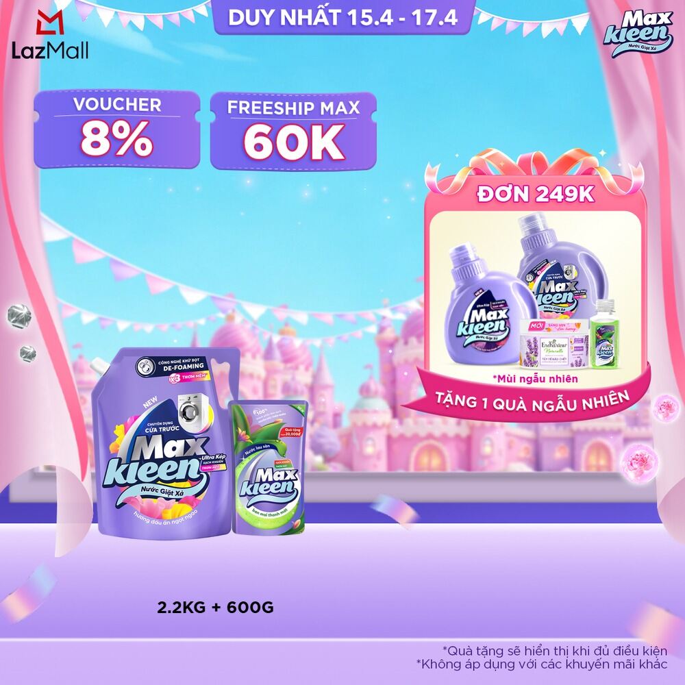 [Tặng kèm Túi lau sàn 600g] Nước giặt xả cho máy giặt cửa trước MaxKleen hương Dấu Ấn Ngọt Ngào 2.2kg
