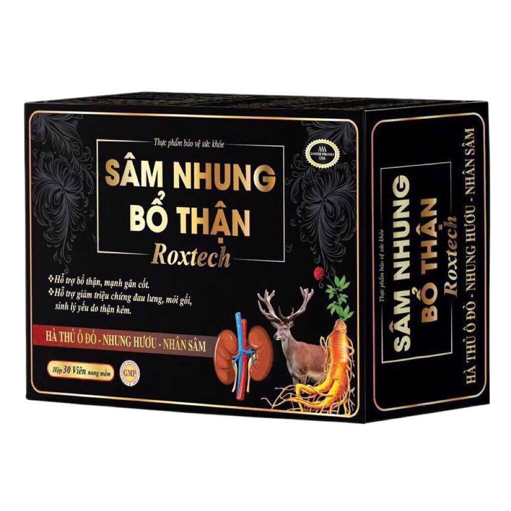 Sâm Nhung Bổ Thận Roxtech (Hộp 30 viên) hỗ trợ bổ thận, mạnh gân cốt, giảm triệu chứng như đau lưng, mỏi gối do thận yếu