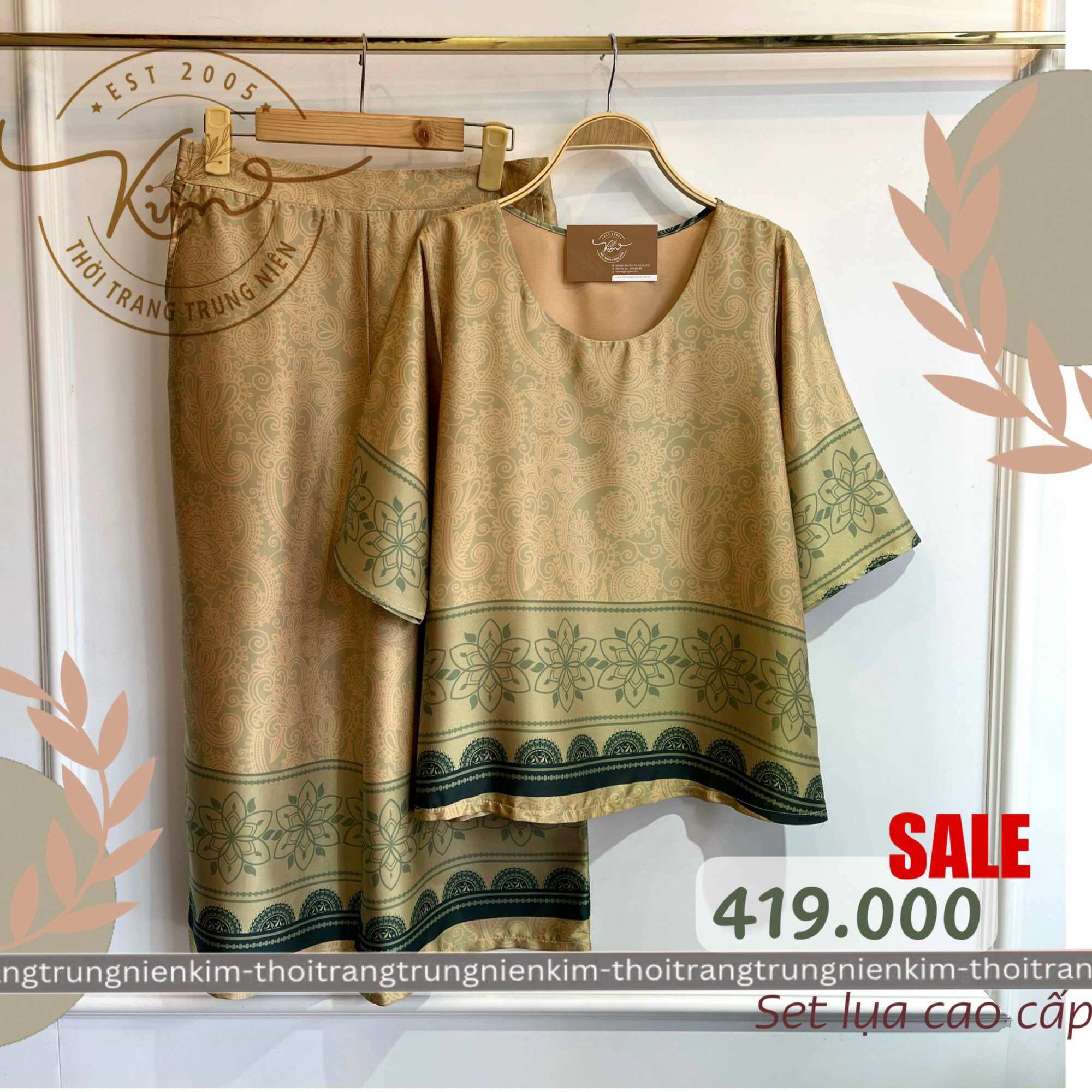 Sét bộ lụa trung niên cao cấp hoa văn thổ cẩm sang trọng Bigsize quần dài 85cm