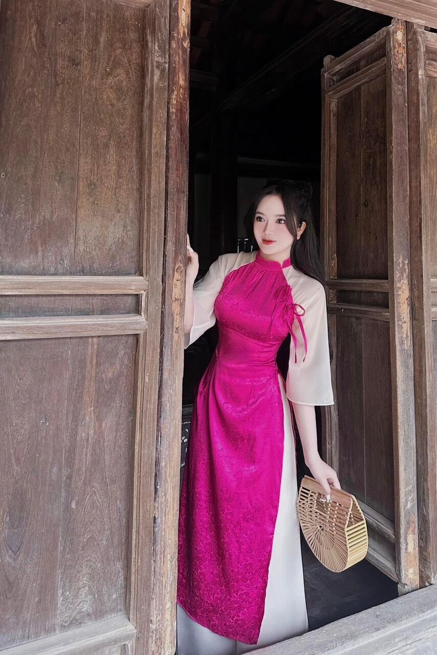 ÁO DÀI BIGSIZE GẤM HOA THẮT NƠ PHỐI QUẦN DÀI (L-2XL)