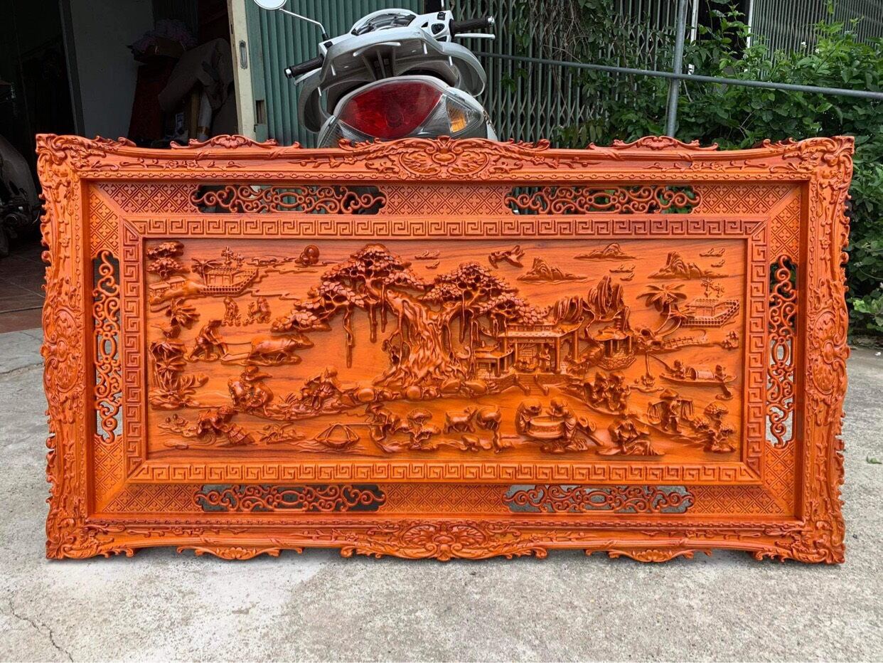 Tranh gỗ đồng quê gỗ hương đỏ kích thước 127cmx67cm
