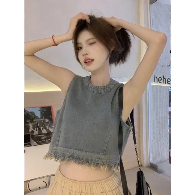 Giảm Béo Tua Rua Denim Áo Vest Không Đều Top Gợi Cảm Thời Trang Mùa Hè Cho Nữ Thiết Kế Nhạy Cảm Hốc Bể