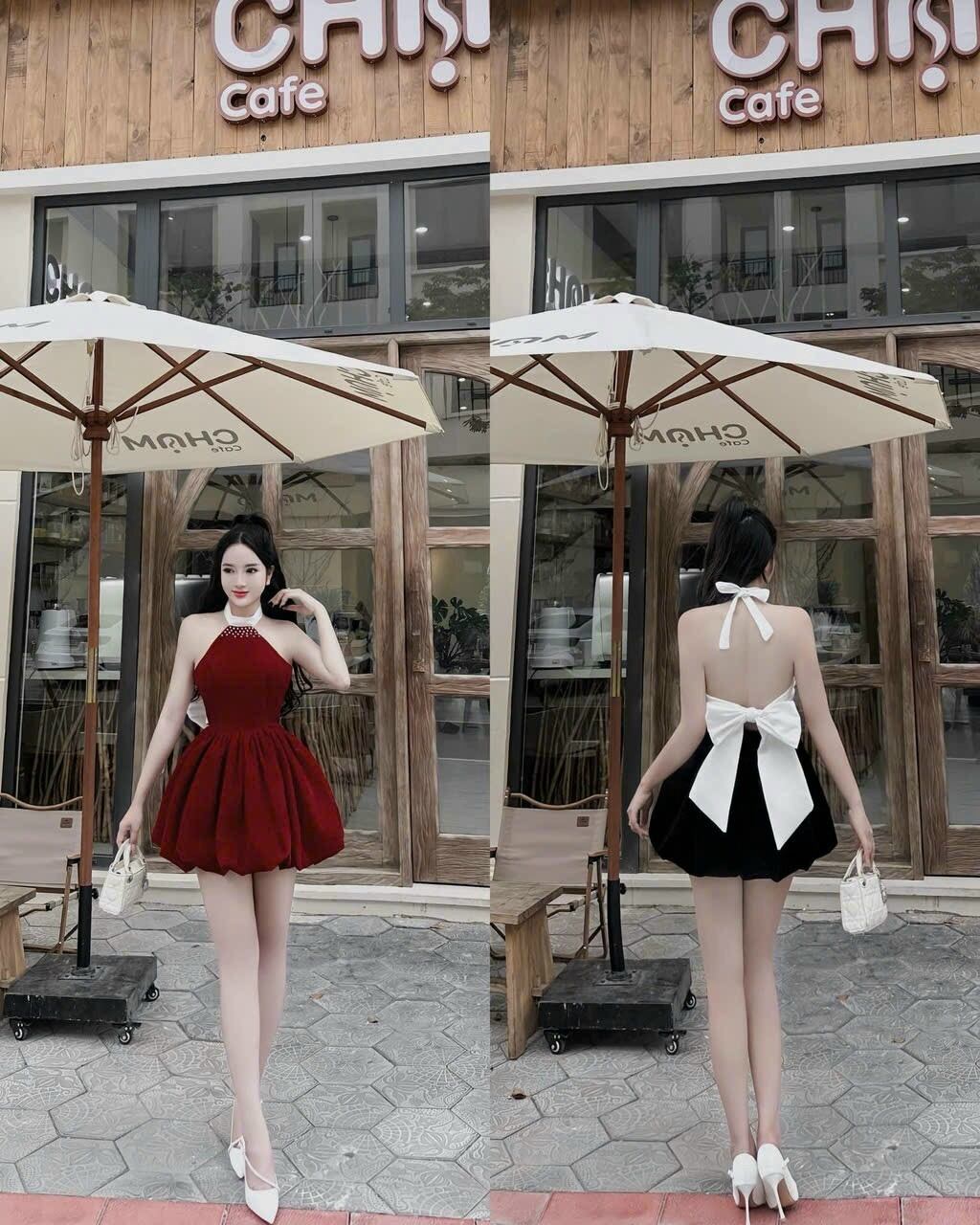 ĐẦM NHUNG BÍ CỔ YẾM ĐÍNH CƯỜM CỘT NƠ SAU - ( freesize dưới 55kg )