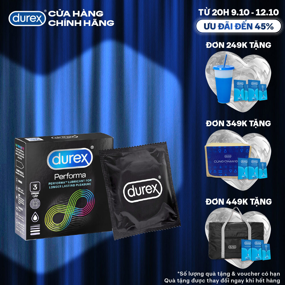 Bao cao su Durex Performa kéo dài thời gian, size 52mm, hộp 3 bao
