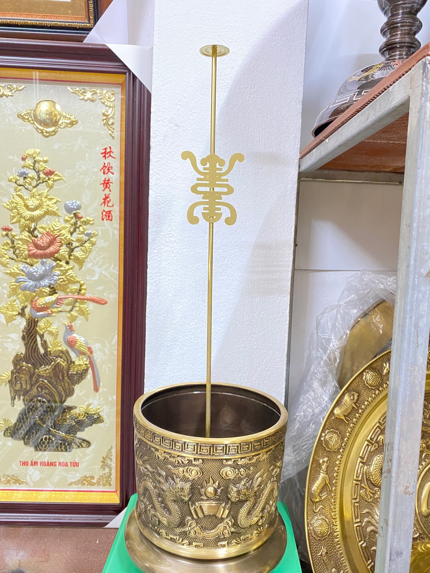 Cây cắm hương vòng bằng đồng chữ thọ cao 40cm