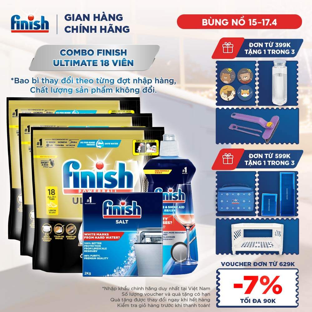Combo 3 Túi rửa chén Finish Ultimate 18 viên + Nước làm bóng 500ml + Muối rửa chén 2kg