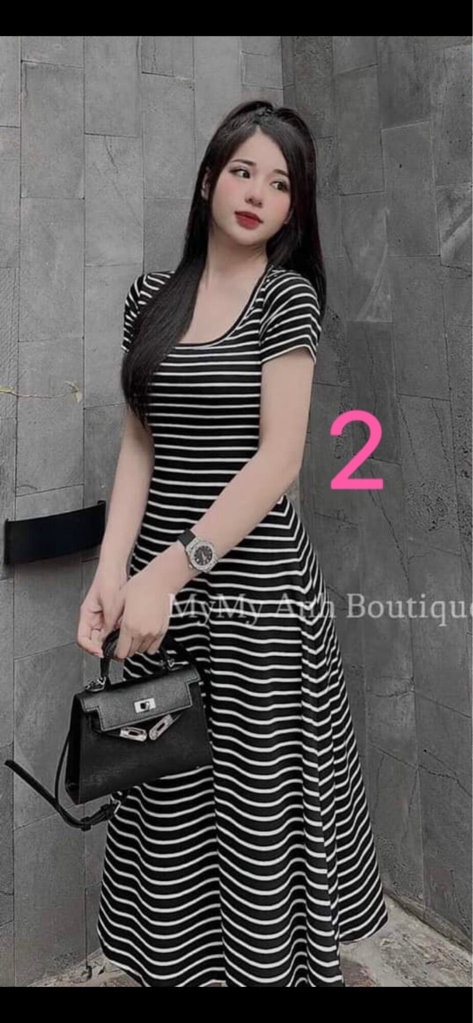 Đầm kẻ sọc body dáng maxi dài cổ vuông