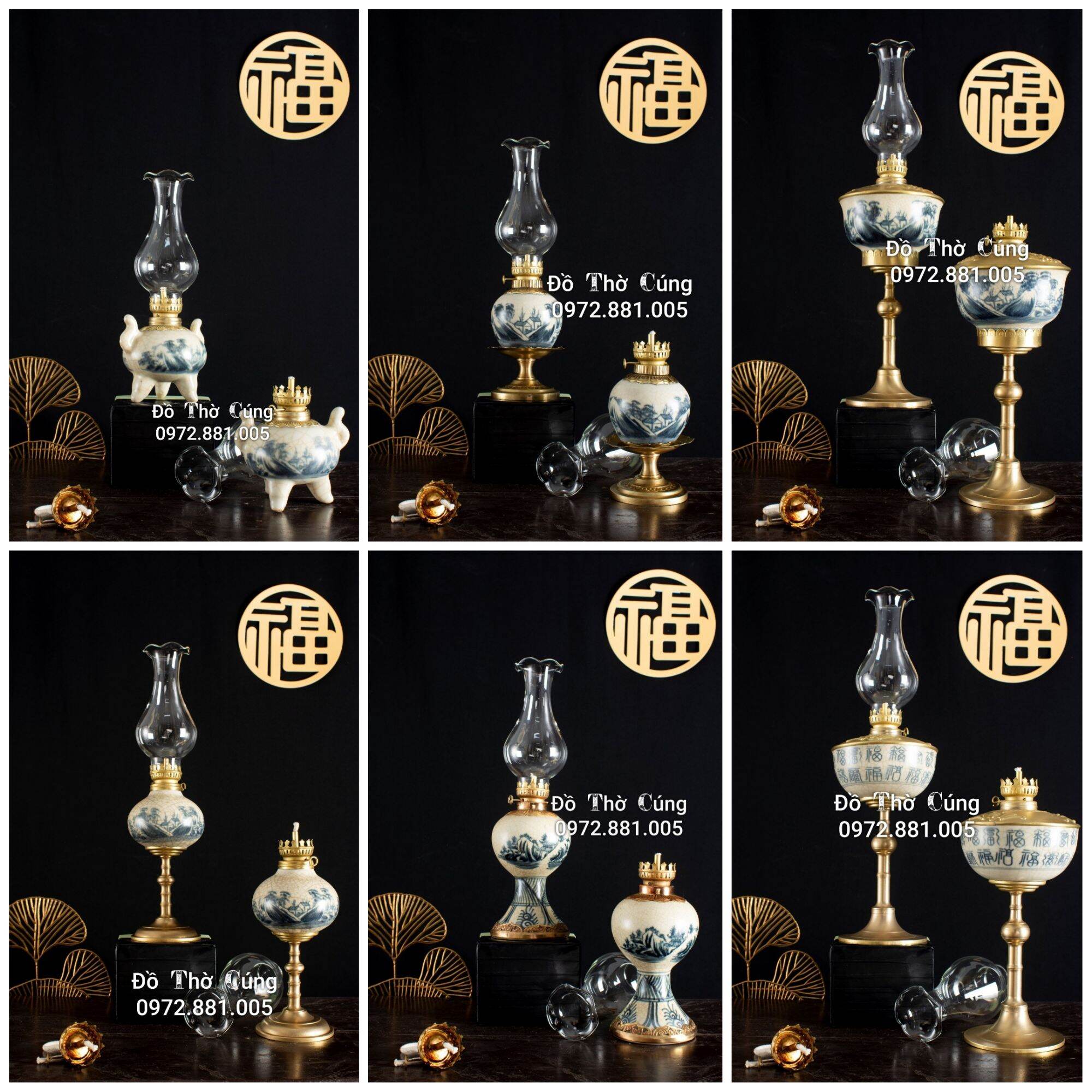 Đèn thờ , Đèn dầu men rạn cổ bọc đồng Bát Tràng cao cấp